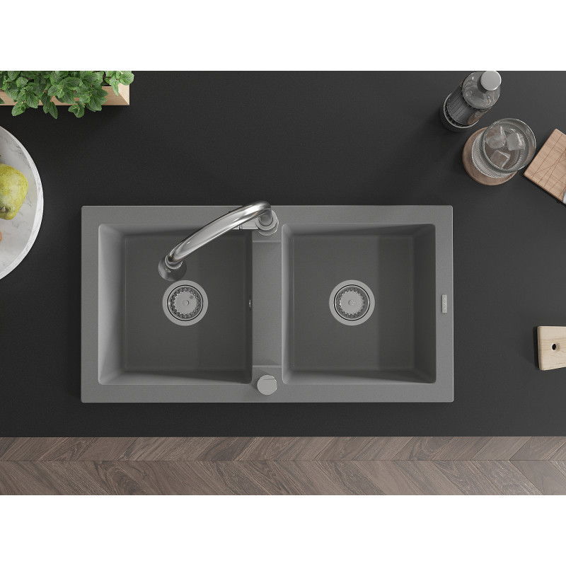 Mexen Mario granitinė dviejų skylių plautuvė su virtuviniu maišytuvu Elia, pilka - 6504-71-670101-00