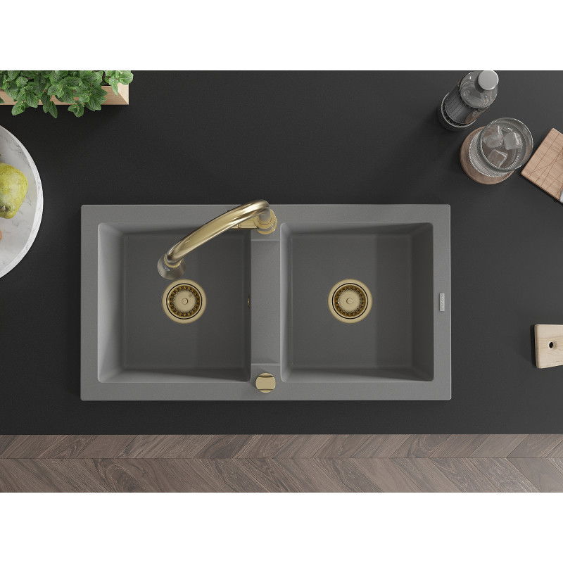 Mexen Mario granito plautuvė su 2 kameromis ir virtuviniu maišytuvu Elia, pilka - 6504-71-670101-50