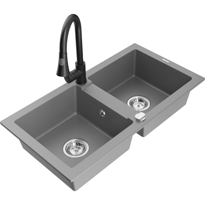 Mexen Mario granito virtuvės kriauklė su dviem dubenėliais ir Elia virtuviniu maišytuvu, pilka - 6504-71-670101-70