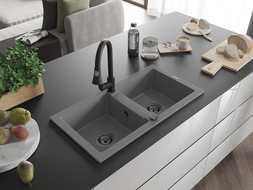 Mexen Mario granitinė dviejų skyrių kriauklė su virtuviniu maišytuvu Elia, pilka - 6504-71-670101-70-B