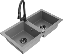 Mexen Mario granitinė dviejų skyrių kriauklė su virtuviniu maišytuvu Elia, pilka - 6504-71-670101-70-B