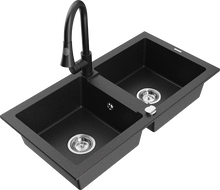 Mexen Mario granito plautuvė 2-jų skyrių su virtuviniu maišytuvu Elia, juoda/sidabro metalo - 6504-73-670101-70