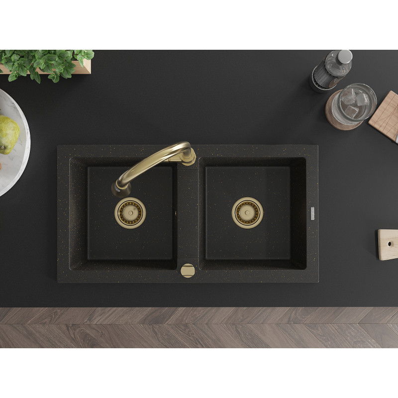 Mexen Mario granito plautuvė dviejų skyrių su virtuvės maišytuvu Elia, juoda/auksinės spalvos metalikas - 6504-75-670101-50