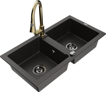 Mexen Mario granito plautuvė su 2 kameromis ir virtuviniu maišytuvu Elia, juoda/auksinė metalika - 6504-75-670101-50-B