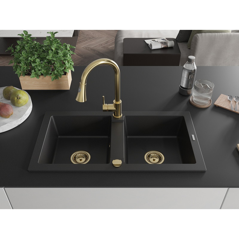 Mexen Mario granitinė dviem kameromis virtuvinė kriauklė su maišytuvu Elia, juoda - 6504-77-670101-50