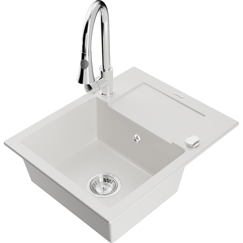 Mexen Enzo granitinė vienos kameros plautuvė su nutekėjimu ir virtuviniu maišytuvu Elia, balta - 6506-20-670101-00