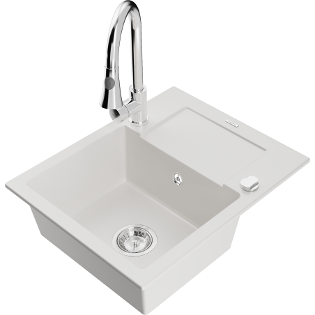 Mexen Enzo granitinė vienos kameros plautuvė su nutekėjimu ir virtuviniu maišytuvu Elia, balta - 6506-20-670101-00