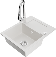 Mexen Enzo granitinė vienos kameros plautuvė su nutekėjimu ir virtuviniu maišytuvu Elia, balta - 6506-20-670101-00