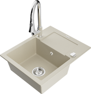 Mexen Enzo vienos plautuvės granito kriauklė su nutekamuoju paviršiumi ir virtuviniu maišytuvu Elia, smėlinė