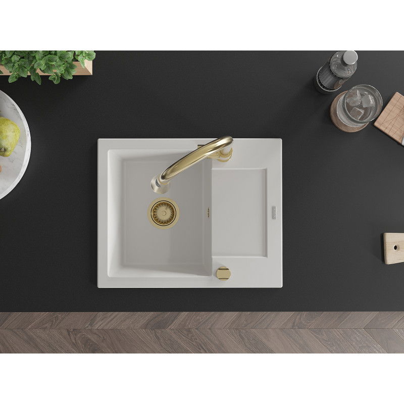 Mexen Enzo granitinė kriauklė su nuvarvėjimo zona ir virtuviniu maišytuvu Elia, balta - 6506-20-670101-50