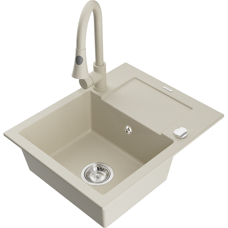 Mexen Enzo vienos kameros granito kriauklė su nutekėjimu ir Elia virtuviniu maišytuvu, smėlio spalvos - 6506-69-670101-69