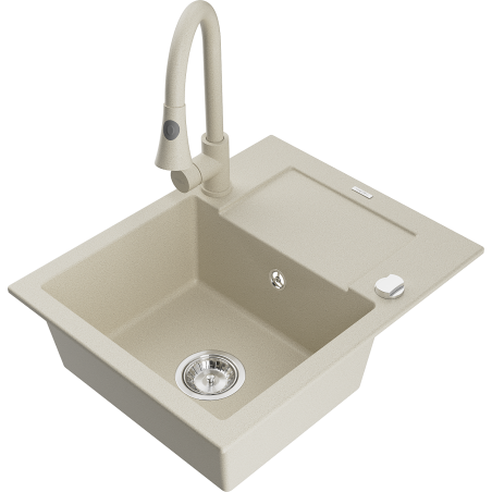 Mexen Enzo vienos kameros granito kriauklė su nutekėjimu ir Elia virtuviniu maišytuvu, smėlio spalvos - 6506-69-670101-69