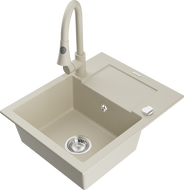 Mexen Enzo vienos kameros granito kriauklė su nutekėjimu ir Elia virtuviniu maišytuvu, smėlio spalvos - 6506-69-670101-69