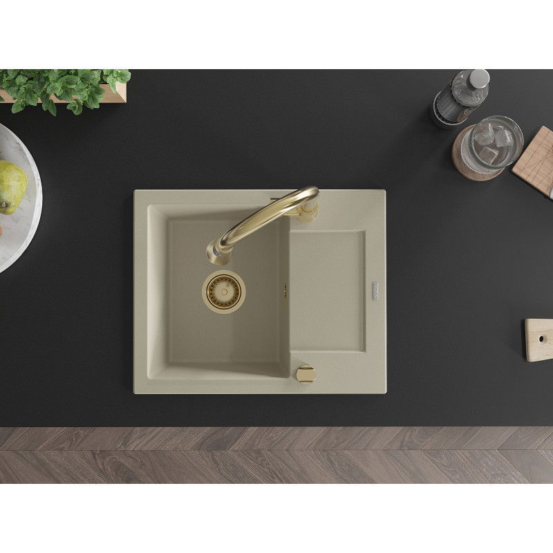 Mexen Enzo granito kriauklė 1-dubenų su lašintuvu ir virtuviniu maišytuvu Elia, smėlio - 6506-69-670101-50