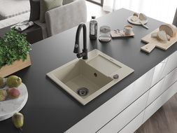 Mexen Enzo vieno dubens granitinė kriauklė su nusausinimo lentele ir virtuviniu maišytuvu Elia, smėlio spalvos