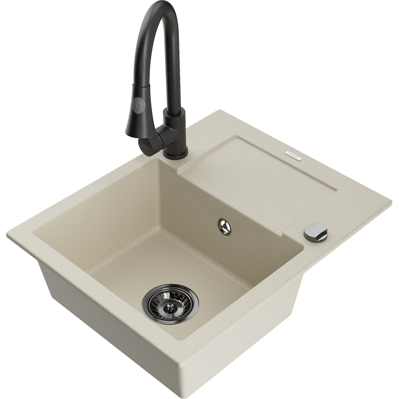 Mexen Enzo vieno dubens granitinė kriauklė su nusausinimo lentele ir virtuviniu maišytuvu Elia, smėlio spalvos