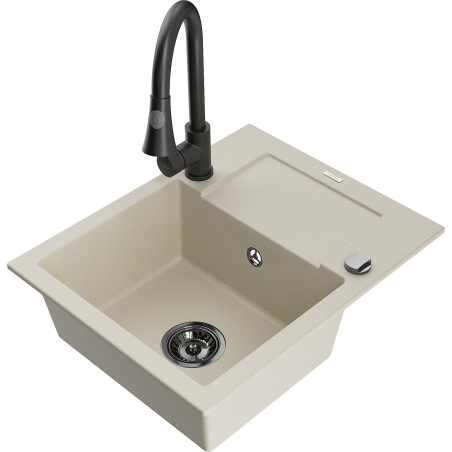 Mexen Enzo vieno dubens granitinė kriauklė su nusausinimo lentele ir virtuviniu maišytuvu Elia, smėlio spalvos