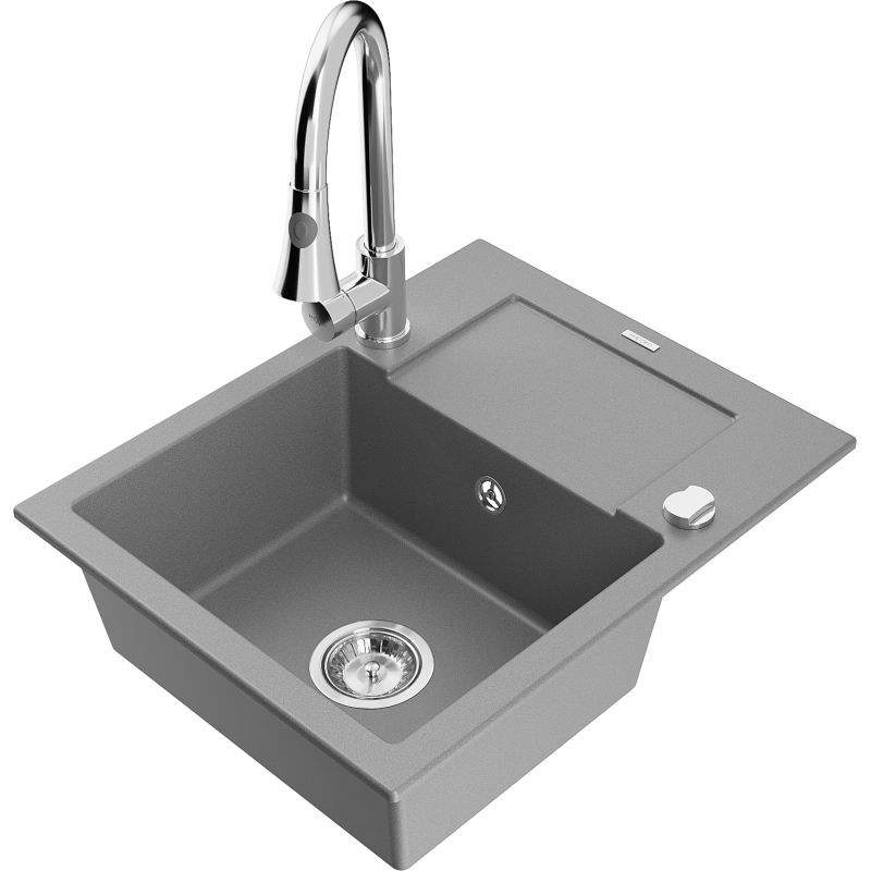 Mexen Enzo 1 skyriuje granitine plautuvė su nutekėjimu ir virtuviniu maišytuvu Elia, pilka - 6506-71-670101-00