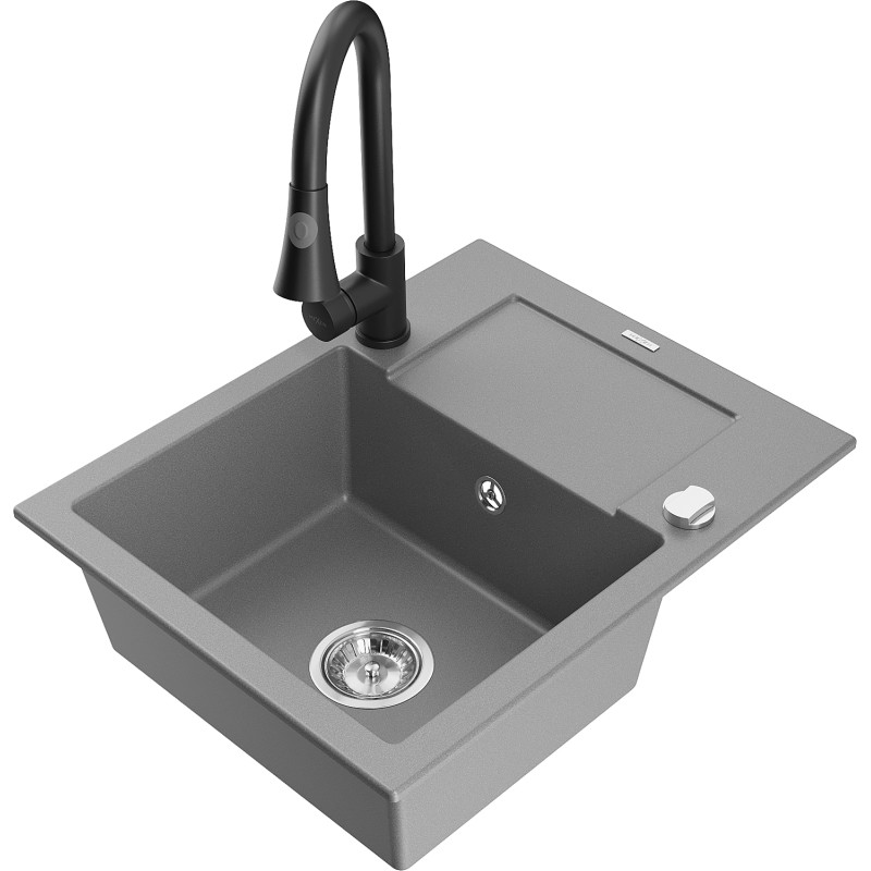 Mexen Enzo 1 kamerų granito virtuvės kriauklė su nutekamoju ir Elia virtuviniu maišytuvu, pilka - 6506-71-670101-70