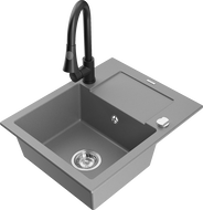 Mexen Enzo granitinė vienos kameros kriauklė su nutekėjimu ir virtuvine maišytuvu Elia, pilka - 6506-71-670101-70