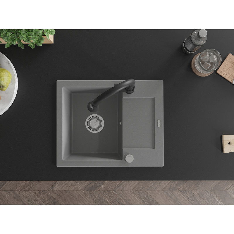 Mexen Enzo granitinė vienos kameros kriauklė su nutekėjimu ir virtuvine maišytuvu Elia, pilka - 6506-71-670101-70
