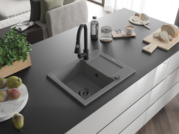 Mexen Enzo vienos dubenėlės granito plautuvė su nusausintuvu ir virtuviniu Elia maišytuvu, pilkas - 6506-71-670101-70-B