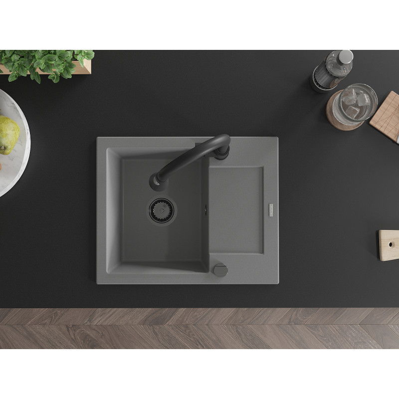 Mexen Enzo vienos dubenėlės granito plautuvė su nusausintuvu ir virtuviniu Elia maišytuvu, pilkas - 6506-71-670101-70-B