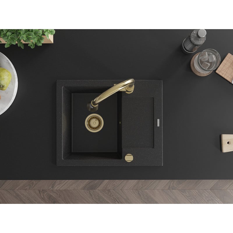 Mexen Enzo granitinė vienos sekcijos plautuvė su nutekėjimu ir virtuviniu maišytuvu Elia, juoda/sidabrinė metalika