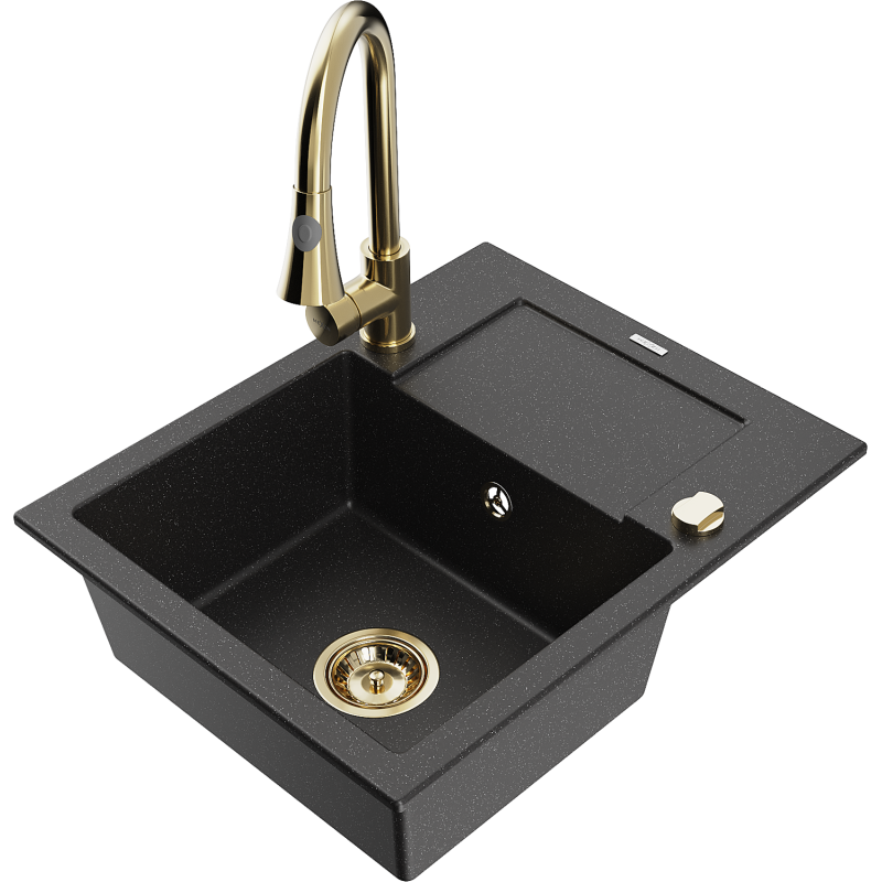 Mexen Enzo granitinė vienos sekcijos plautuvė su nutekėjimu ir virtuviniu maišytuvu Elia, juoda/sidabrinė metalika