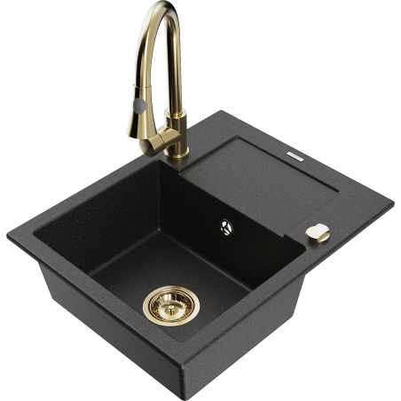 Mexen Enzo granitinė vienos sekcijos plautuvė su nutekėjimu ir virtuviniu maišytuvu Elia, juoda/sidabrinė metalika