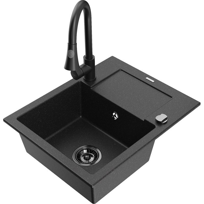 Mexen Enzo granitinė vienos kameros kriauklė su lašintuvu ir virtuviniu maišytuvu Elia, juoda/sidabrinė metalo spalva