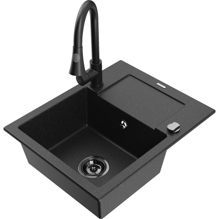 Mexen Enzo granitinė vienos kameros kriauklė su lašintuvu ir virtuviniu maišytuvu Elia, juoda/sidabrinė metalo spalva