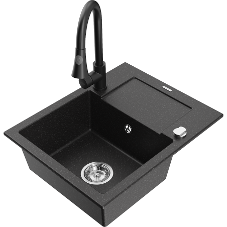 Mexen Enzo granitinė virtuvės kriauklė su vienu dubeniu, lataku ir virtuviniu maišytuvu Elia, juoda/sidabrinė metalikas