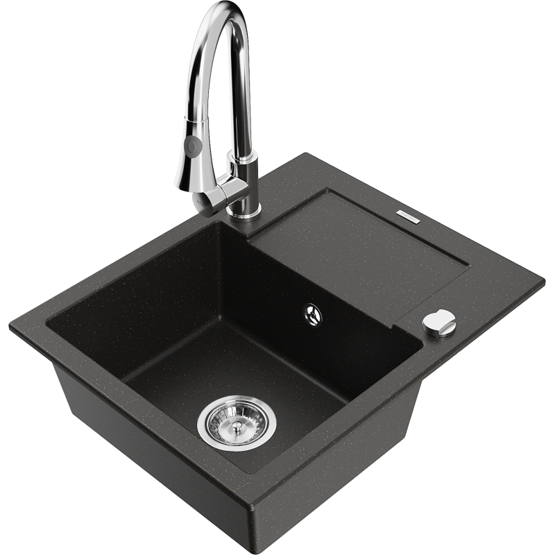 Mexen Enzo granitinė vienos kameros kriauklė su nusausintuvu ir virtuviniu maišytuvu Elia, juoda/auksinė metalika