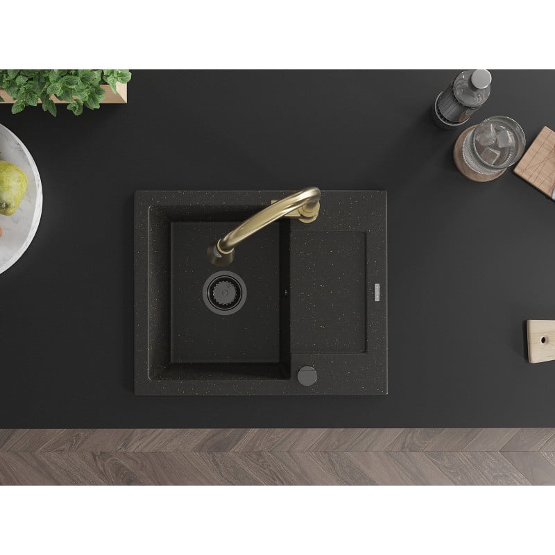 Mexen Enzo granitinė vienos kameros plautuvė su nusausintuvu ir virtuviniu maišytuvu Elia, juoda/auksinė metalo spalva