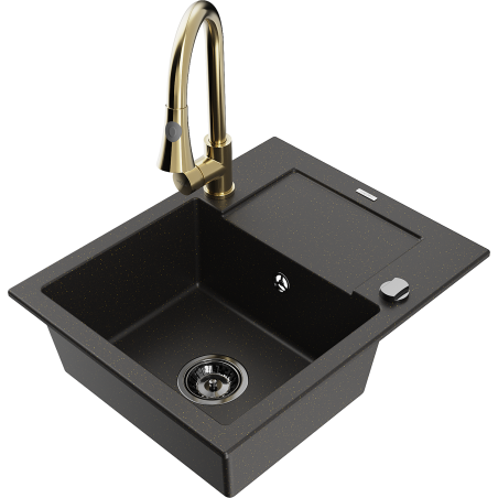 Mexen Enzo granitinė vienos kameros plautuvė su nusausintuvu ir virtuviniu maišytuvu Elia, juoda/auksinė metalo spalva