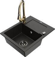 Mexen Enzo granitinė vienos kameros plautuvė su nusausintuvu ir virtuviniu maišytuvu Elia, juoda/auksinė metalo spalva