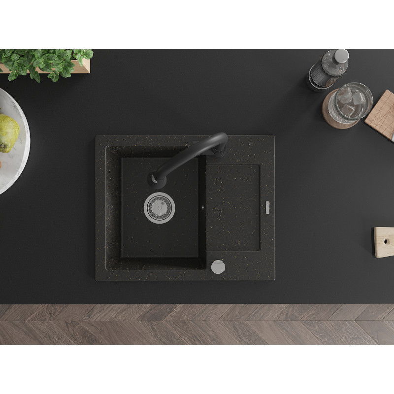 Mexen Enzo granitinė vienos kameros kriauklė su nusausintuvu ir virtuviniu maišytuvu Elia, juoda/auksinis metalikas