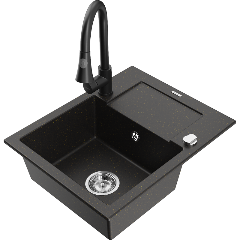 Mexen Enzo granitinė vienos kameros kriauklė su nusausintuvu ir virtuviniu maišytuvu Elia, juoda/auksinis metalikas