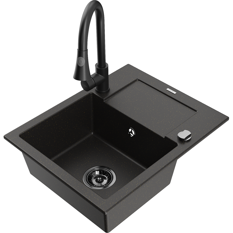 Mexen Enzo granitinė vienos kameros virtuvės plautuvė su nusausinimo vieta ir virtuviniu maišytuvu Elia, juoda/auksinis