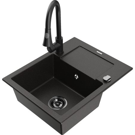 Mexen Enzo granitinė vienos kameros virtuvės plautuvė su nusausinimo vieta ir virtuviniu maišytuvu Elia, juoda/auksinis