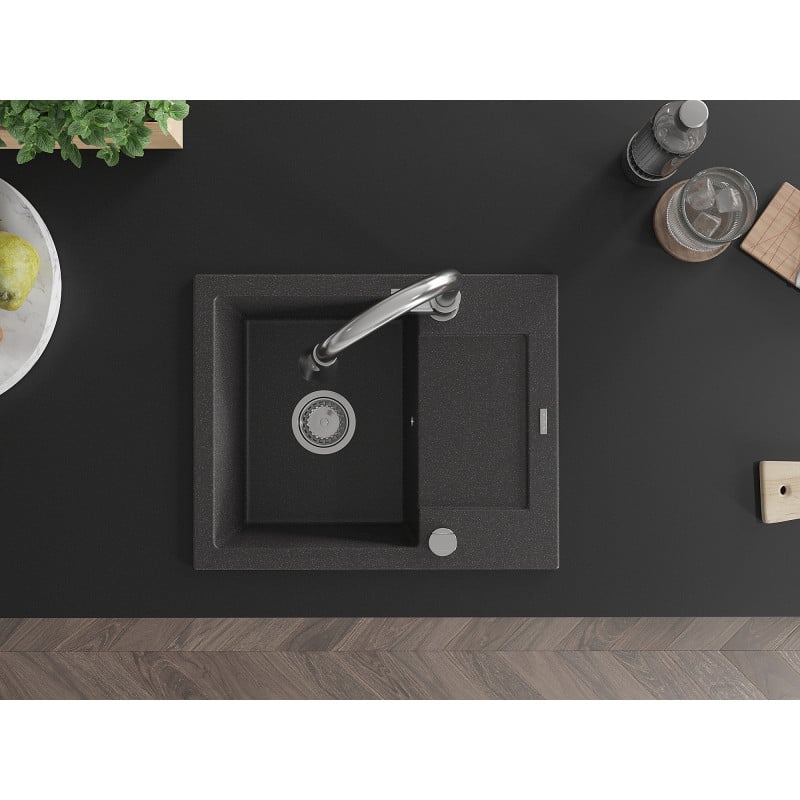 Mexen Enzo vienos sekcijos granitinė plautuvė su nusausintuvu ir virtuviniu maišytuvu Elia, juoda dėmėta