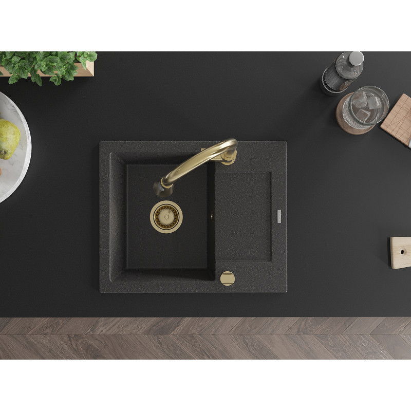 Mexen Enzo granitinė virtuvinė plautuvė 1 skyrelio su drenažu ir virtuviniu maišytuvu Elia, juoda dėmėta - 6506-76-670101-50