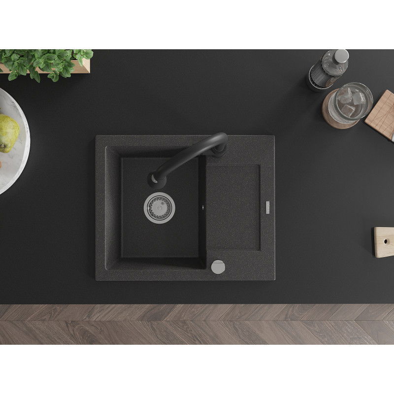 Mexen Enzo granito plautuvė su 1 skyreliu su drenažu ir virtuviniu maišytuvu Elia, juodas taškuotas - 6506-76-670101-70