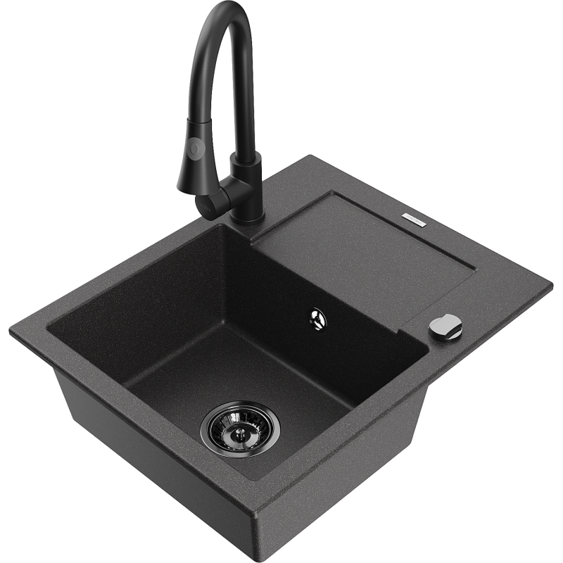 Mexen Enzo granitinė vienos kameros plautuvė su nusausintuvu ir virtuviniu maišytuvu Elia, juodos spalvos su dėmėmis