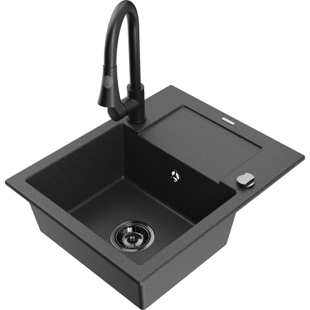 Mexen Enzo granitinė vienos kameros plautuvė su nusausintuvu ir virtuviniu maišytuvu Elia, juodos spalvos su dėmėmis