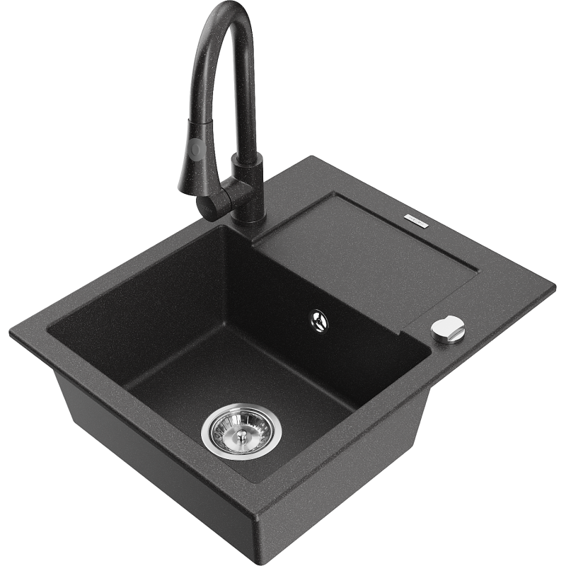 Mexen Enzo granitinė vienos kameros kriauklė su nusausintuvu ir virtuvės maišytuvu Elia, juodas dėmėtas