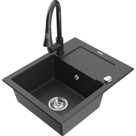 Mexen Enzo granitinė vienos kameros kriauklė su nusausintuvu ir virtuvės maišytuvu Elia, juodas dėmėtas