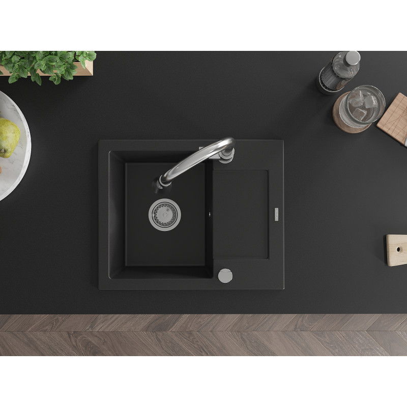 Mexen Enzo granito plautuvė vienos talpos su nutekėjimu ir virtuviniu maišytuvu Elia, juoda - 6506-77-670101-00