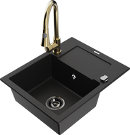 Mexen Enzo granitinė vienos kameros plautuvė su nusausintuvu ir virtuviniu maišytuvu Elia, juoda - 6506-77-670101-50-B